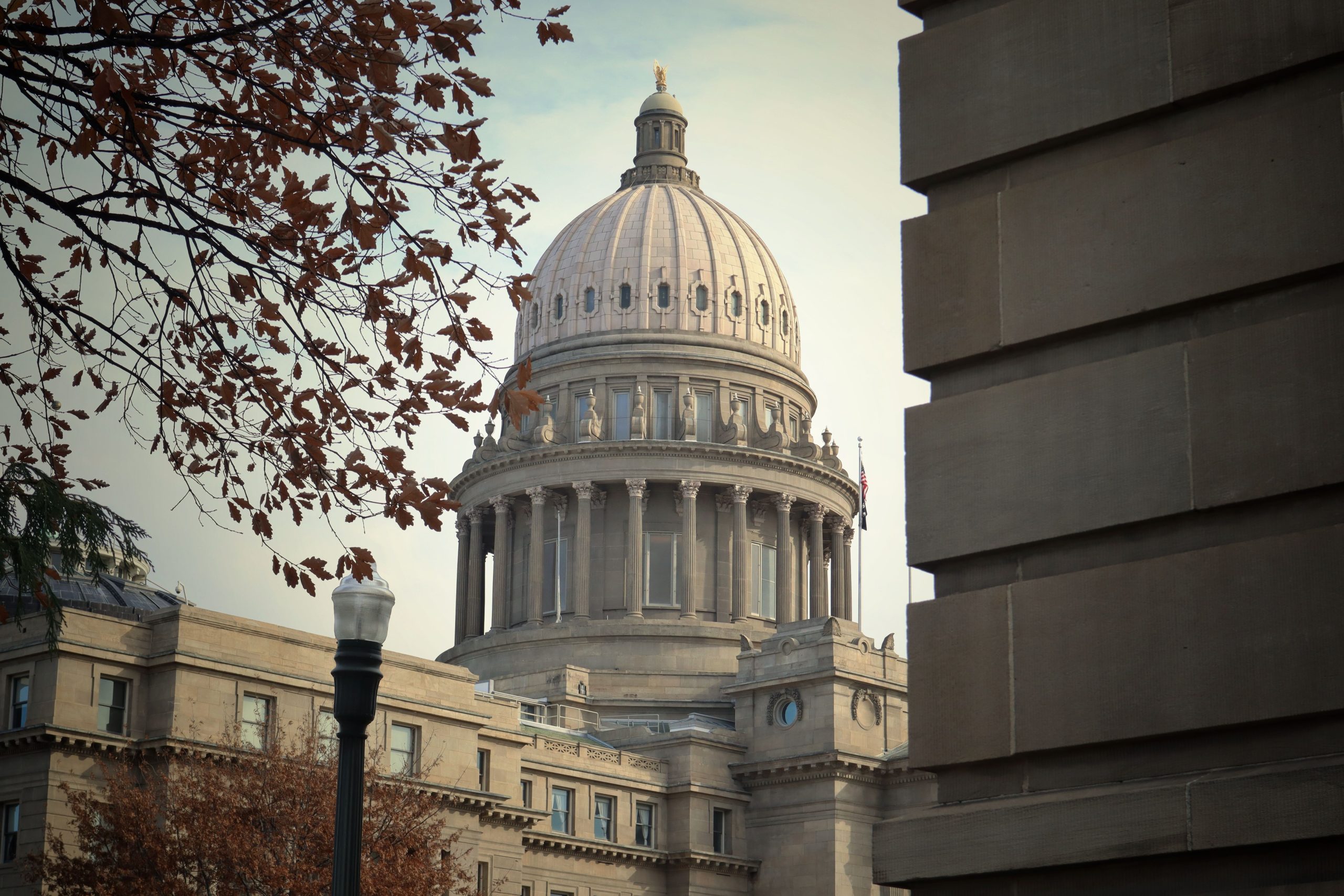 Idaho State Capitol Building framed by autumn leaves, representing state government